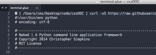 Screenshot of the terminal opening in sublime text using glue with curl